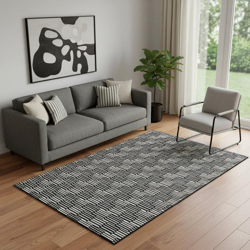 5' X 8' Black And Gray Abstract Geometric Washable Area Rug With UV Protection