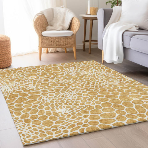 8' X 10' Gold And Ivory Geometric Washable Area Rug With UV Protection