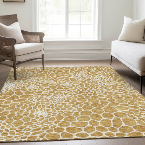 8' X 10' Gold And Ivory Geometric Washable Area Rug With UV Protection