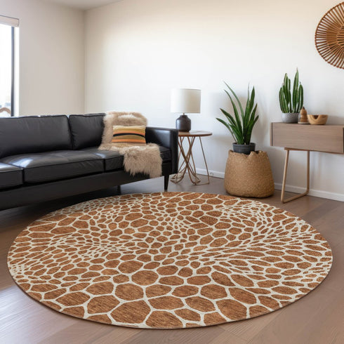 8' Rust And Ivory Geometric Washable Round Rug With UV Protection