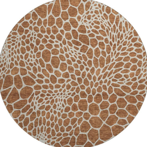 8' Rust And Ivory Geometric Washable Round Rug With UV Protection