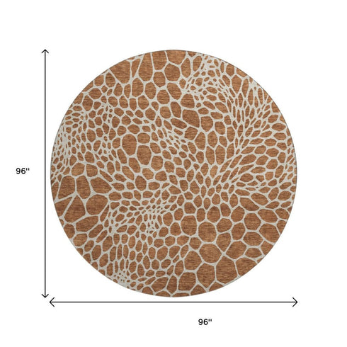 8' Rust And Ivory Geometric Washable Round Rug With UV Protection