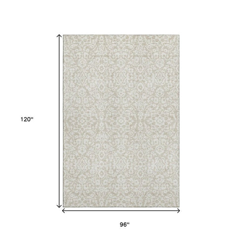 8' X 10' Beige And Ivory Damask Washable Area Rug With UV Protection