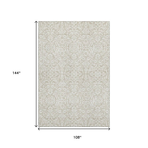 9' X 12' Beige And Ivory Damask Washable Area Rug With UV Protection