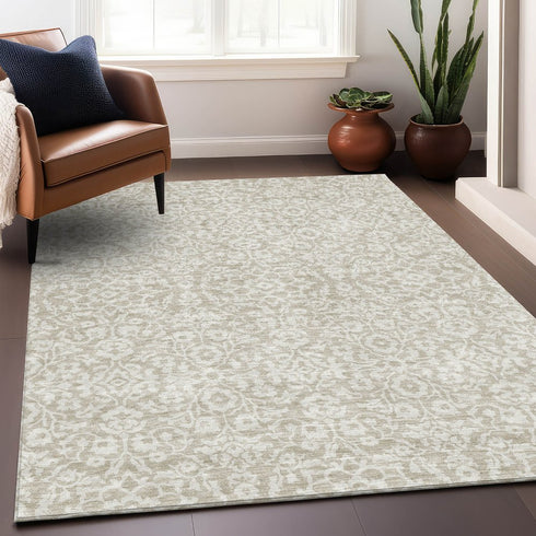 9' X 12' Beige And Ivory Damask Washable Area Rug With UV Protection
