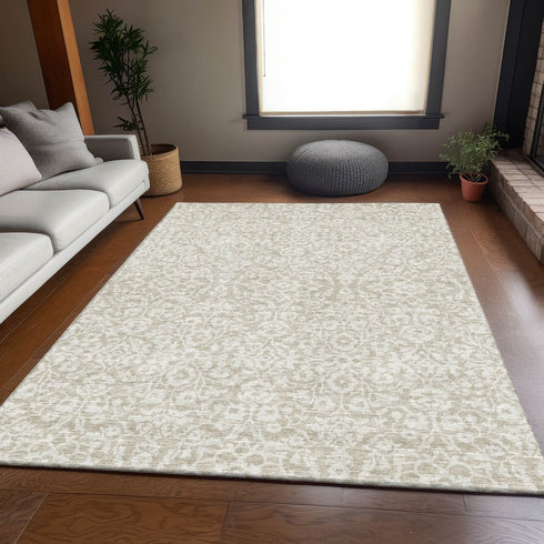 9' X 12' Beige And Ivory Damask Washable Area Rug With UV Protection