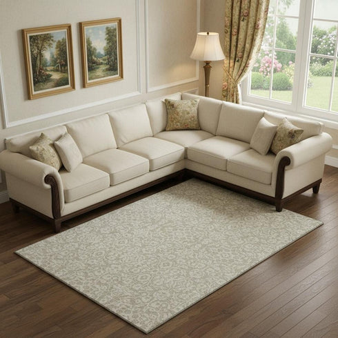 9' X 12' Beige And Ivory Damask Washable Area Rug With UV Protection