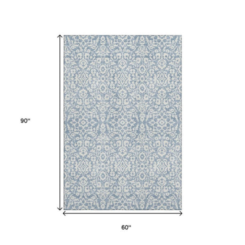5' X 8' Denim Blue And Ivory Damask Washable Area Rug With UV Protection