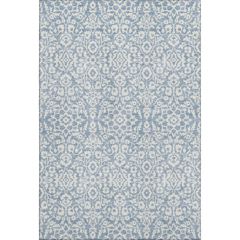 5' X 8' Denim Blue And Ivory Damask Washable Area Rug With UV Protection