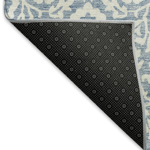 5' X 8' Denim Blue And Ivory Damask Washable Area Rug With UV Protection