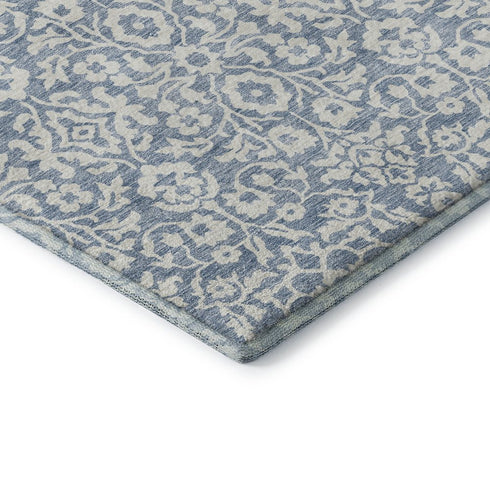 5' X 8' Denim Blue And Ivory Damask Washable Area Rug With UV Protection