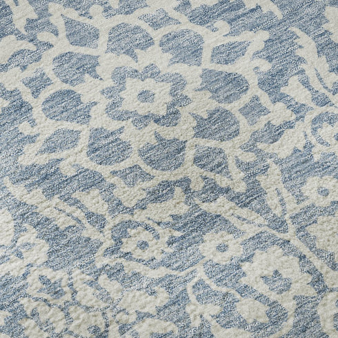 5' X 8' Denim Blue And Ivory Damask Washable Area Rug With UV Protection