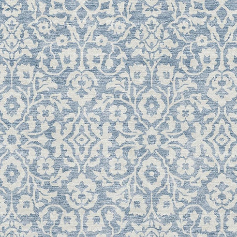 5' X 8' Denim Blue And Ivory Damask Washable Area Rug With UV Protection
