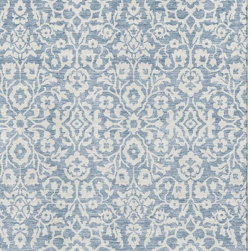 5' X 8' Denim Blue And Ivory Damask Washable Area Rug With UV Protection