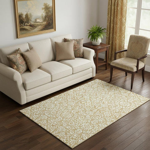 5' X 8' Gold And Ivory Damask Washable Area Rug With UV Protection