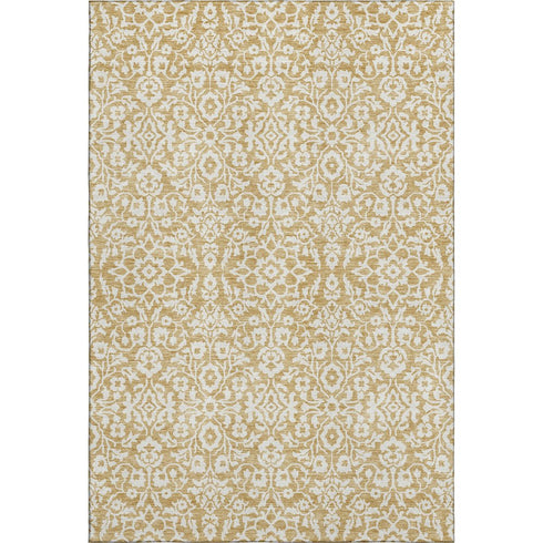 5' X 8' Gold And Ivory Damask Washable Area Rug With UV Protection