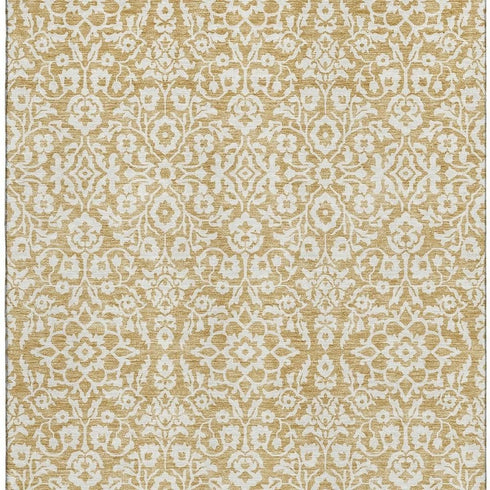 5' X 8' Gold And Ivory Damask Washable Area Rug With UV Protection
