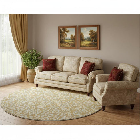 8' Gold And Ivory Damask Washable Round Rug With UV Protection