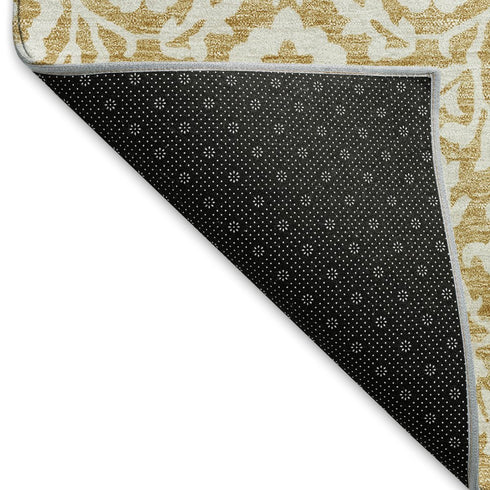 8' Gold And Ivory Damask Washable Round Rug With UV Protection
