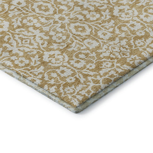 8' Gold And Ivory Damask Washable Round Rug With UV Protection