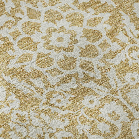 8' Gold And Ivory Damask Washable Round Rug With UV Protection