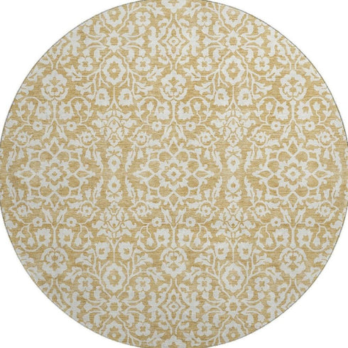 8' Gold And Ivory Damask Washable Round Rug With UV Protection