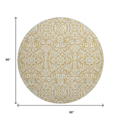 8' Gold And Ivory Damask Washable Round Rug With UV Protection