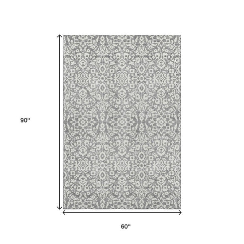 5' X 8' Gray And Ivory Damask Washable Area Rug With UV Protection