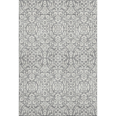 5' X 8' Gray And Ivory Damask Washable Area Rug With UV Protection