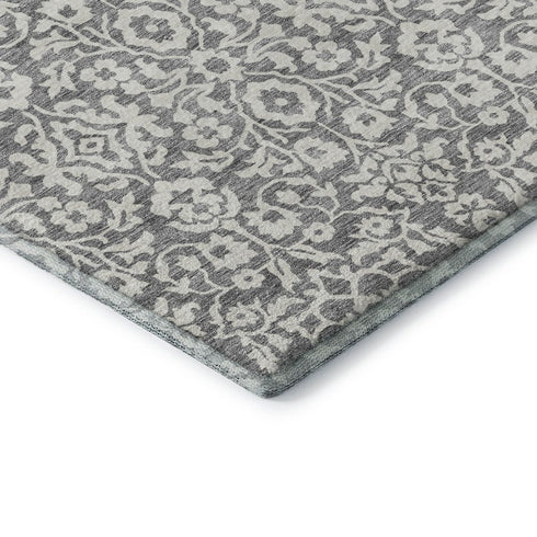 5' X 8' Gray And Ivory Damask Washable Area Rug With UV Protection