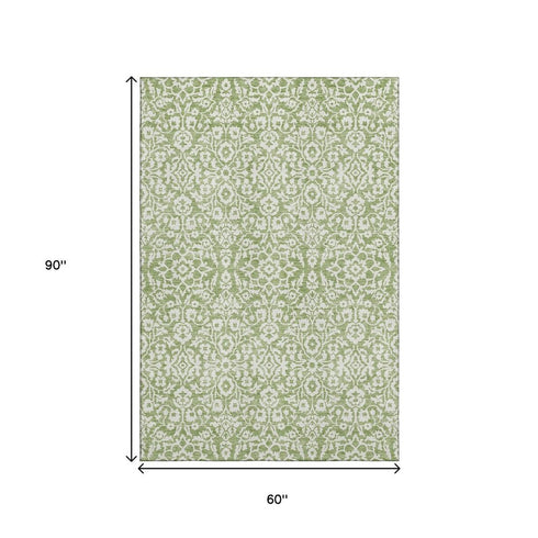 5' X 8' Green And Ivory Damask Washable Area Rug With UV Protection