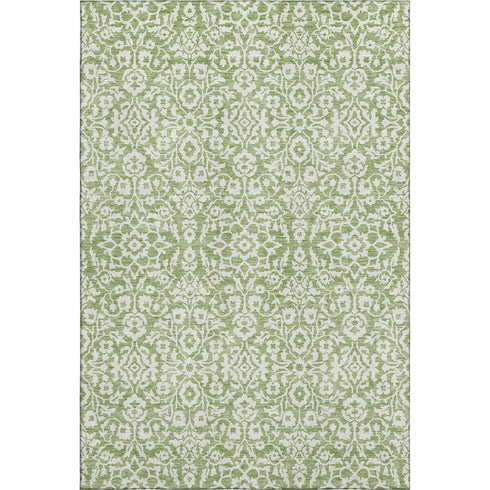 5' X 8' Green And Ivory Damask Washable Area Rug With UV Protection