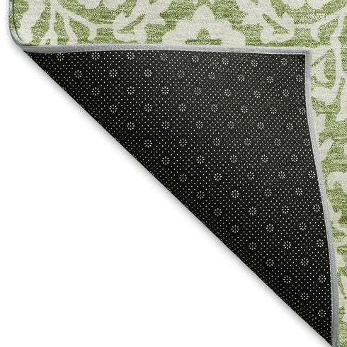 5' X 8' Green And Ivory Damask Washable Area Rug With UV Protection