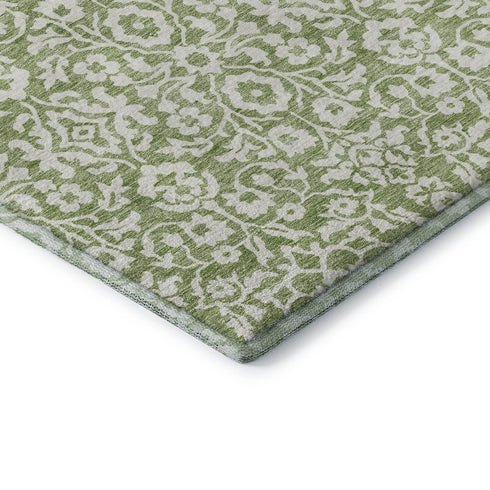 5' X 8' Green And Ivory Damask Washable Area Rug With UV Protection