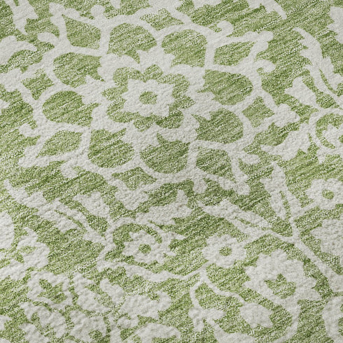 5' X 8' Green And Ivory Damask Washable Area Rug With UV Protection