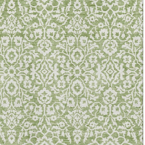 5' X 8' Green And Ivory Damask Washable Area Rug With UV Protection