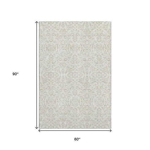 5' X 8' Ivory And Beige Damask Washable Area Rug With UV Protection