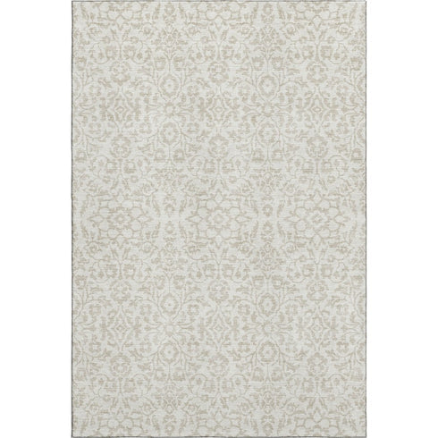 5' X 8' Ivory And Beige Damask Washable Area Rug With UV Protection