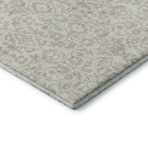 5' X 8' Ivory And Beige Damask Washable Area Rug With UV Protection