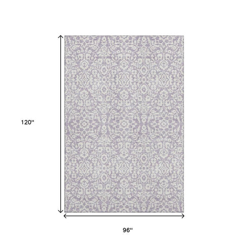 8' X 10' Lavender And Ivory Damask Washable Area Rug With UV Protection