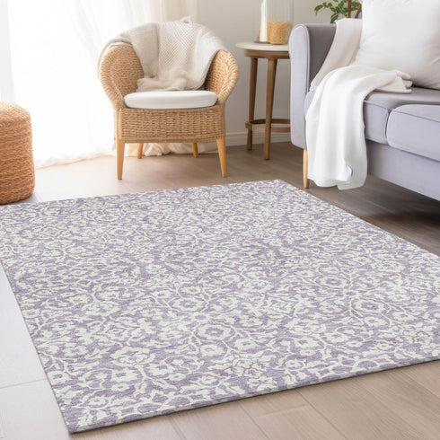 8' X 10' Lavender And Ivory Damask Washable Area Rug With UV Protection