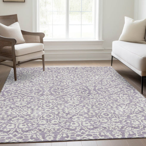 8' X 10' Lavender And Ivory Damask Washable Area Rug With UV Protection