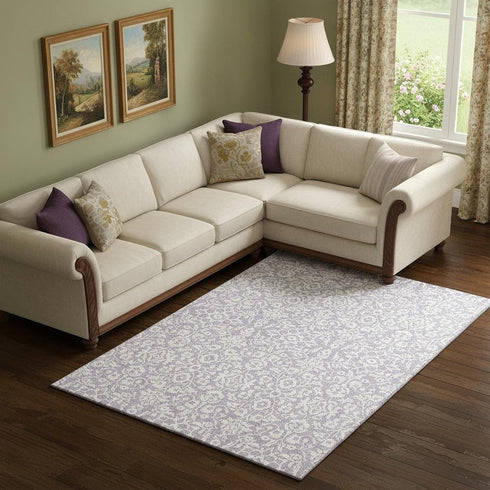 8' X 10' Lavender And Ivory Damask Washable Area Rug With UV Protection