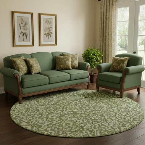 8' Olive Green And Ivory Damask Washable Round Rug With UV Protection