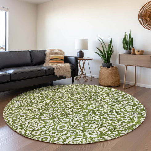 8' Olive Green And Ivory Damask Washable Round Rug With UV Protection