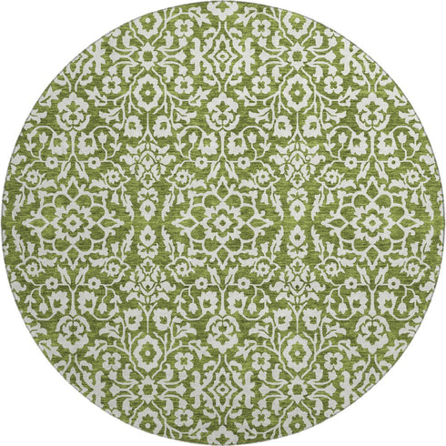 8' Olive Green And Ivory Damask Washable Round Rug With UV Protection