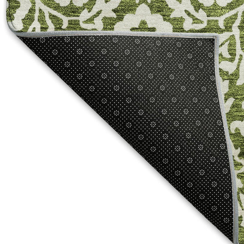8' Olive Green And Ivory Damask Washable Round Rug With UV Protection