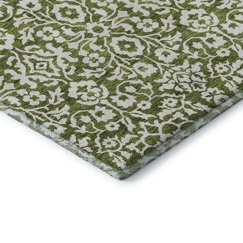 8' Olive Green And Ivory Damask Washable Round Rug With UV Protection