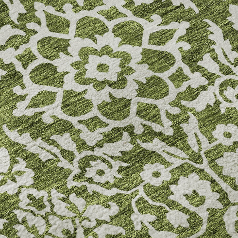 8' Olive Green And Ivory Damask Washable Round Rug With UV Protection