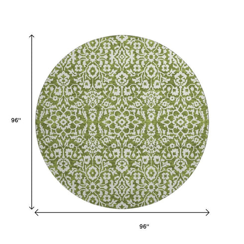 8' Olive Green And Ivory Damask Washable Round Rug With UV Protection